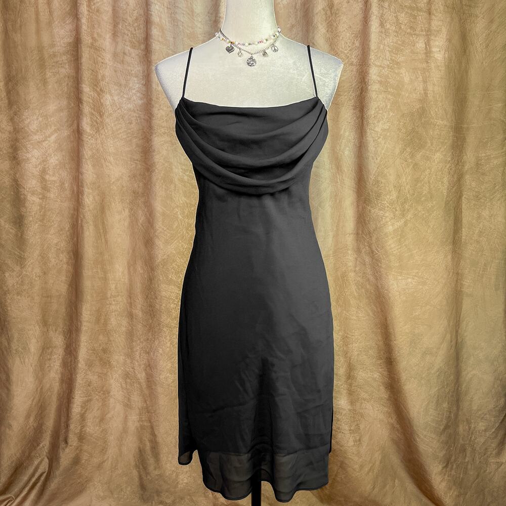 Vintage Indie Euro Dress 90s Cowl Neck Black Midi Shift Sleeveless Party Goth